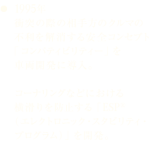1995年 衝突の際の相手方のクルマの不利を解消する安全コンセプト「コンパティビリティー」を車両開発に導入。コーナリングなどにおける横滑りを防止する「ESP® （エレクトロニック・スタビリティ・プログラム）」を開発。