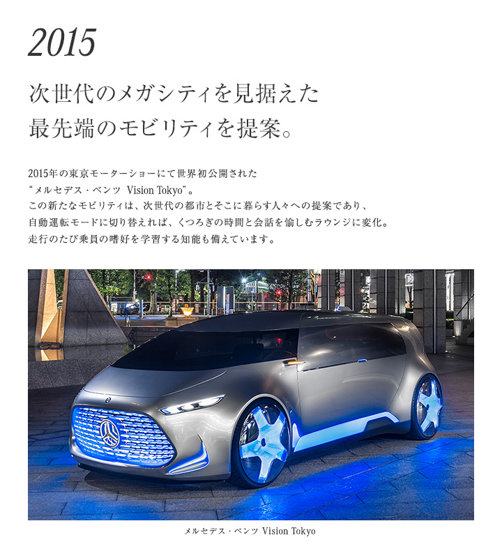 【2015年 次世代のメガシティを見据えた最先端のモビリティを提案。】2015年の東京モーターショーにて世界初公開された“メルセデス・ベンツ Vision Tokyo”。この新たなモビリティは、次世代の都市とそこに暮らす人々への提案であり、自動運転モードに切り替えれば、くつろぎの時間と会話を愉しむラウンジに変化。走行のたび乗員の嗜好を学習する知能も備えています。