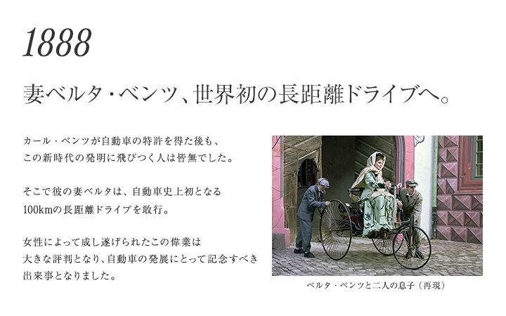 【1888年 妻ベルタ・ベンツ、世界初の長距離ドライブへ。】カール・ベンツが自動車の特許を得た後も、この新時代の発明に飛びつく人は皆無でした。そこで彼の妻ベルタは、自動車史上初となる100kmの長距離ドライブを敢行。女性によって成し遂げられたこの偉業は大きな評判となり、自動車の発展にとって記念すべき出来事となりました。