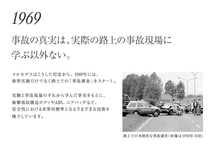 【1969年 事故の真実は、実際の路上の事故現場に学ぶ以外ない。】メルセデスはこうした信念から、1969年には、衝突実験だけでなく路上での「事故調査」をスタート。実験と事故現場のずれから学んだ事実をもとに、衝撃吸収構造ボディやABS、エアバッグなど、安全性における世界的標準となるさまざまな技術を確立しています。