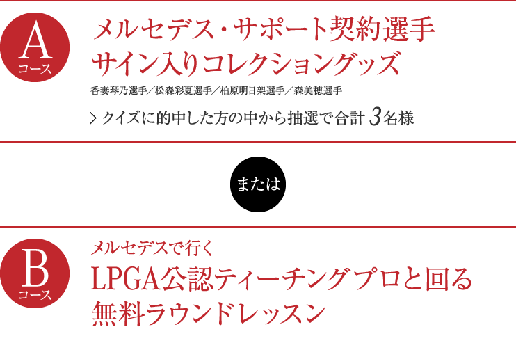 【Aコース】メルセデス・サポート選手 サイン入りゴルフボールセット　香妻琴乃選手/ 松森彩夏選手/柏原明日架選手 クイズに的中した方の中から抽選で合計5名様 【Bコース】新型Bクラスで行く、LPGA公認ティーチングプロと回る、無料ラウンドレッスン ラウンドコース：日高カントリークラブ（埼玉県日高市）クイズに的中した方の中からペア1組2名様