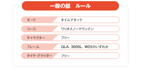 【小学生以下の部 ルール】モード タイムアタック / コース マリオカートスタジアム / キャラクター フリー / ボディ GLA、300SL、W25のいずれか / タイヤ・グライダー フリー