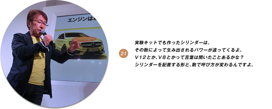 実験キットでも作ったシリンダーは、その数によって生み出されるパワーが違ってくるよ。V１２とか、V８とかって言葉は聞いたことあるかな？シリンダーを配置する形と、数で呼び方が変わるんですよ。